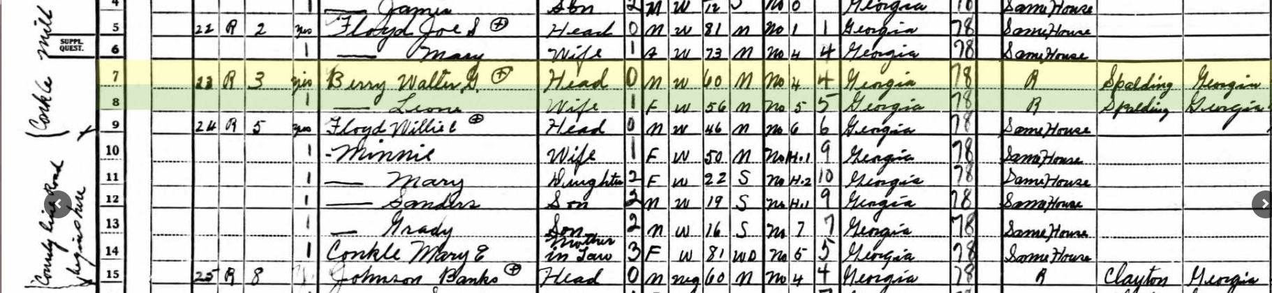 Walter Glen Berry 1940 census GA