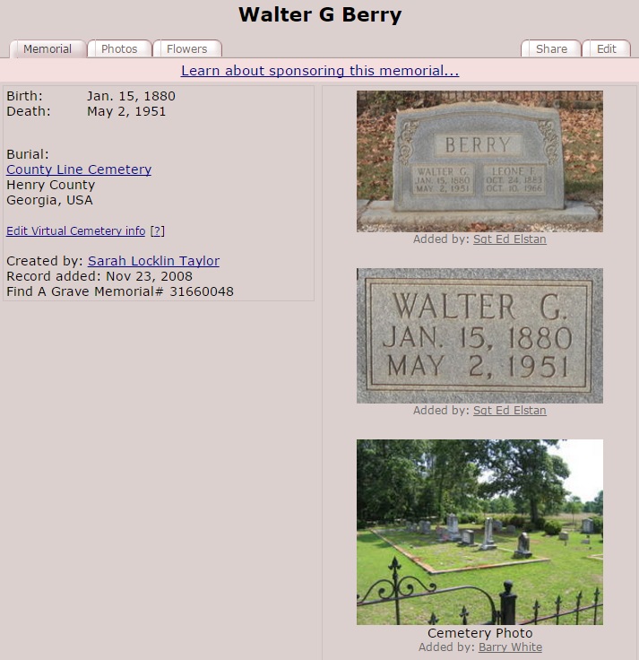Walter Glen Berry Grave