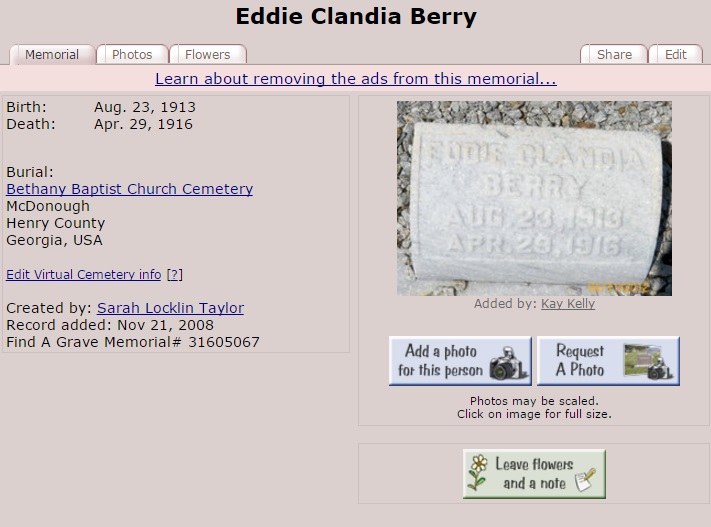 Eddie Clandia Berry grave 1916