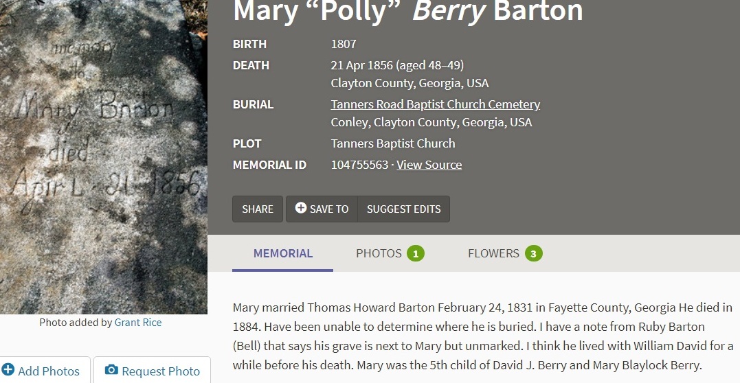 Mary Berry Barton headstone