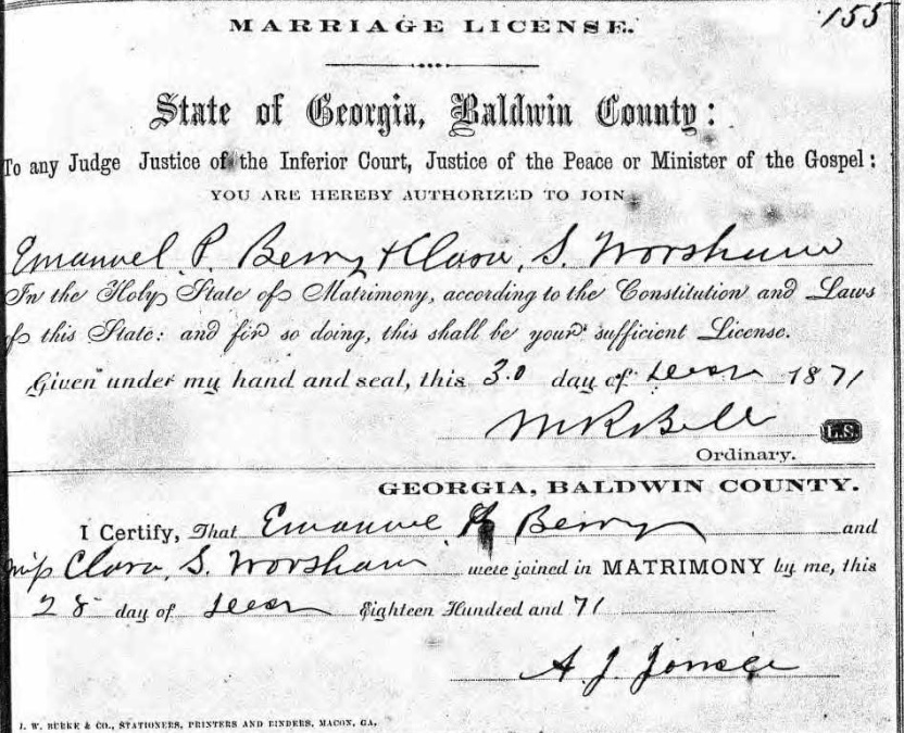 Emanuel P Berry marriage License
