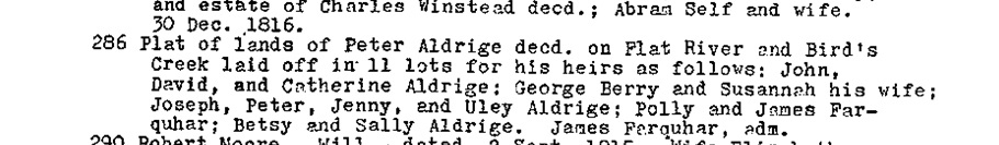 Peter Aldridge estate settlement Person county 1816