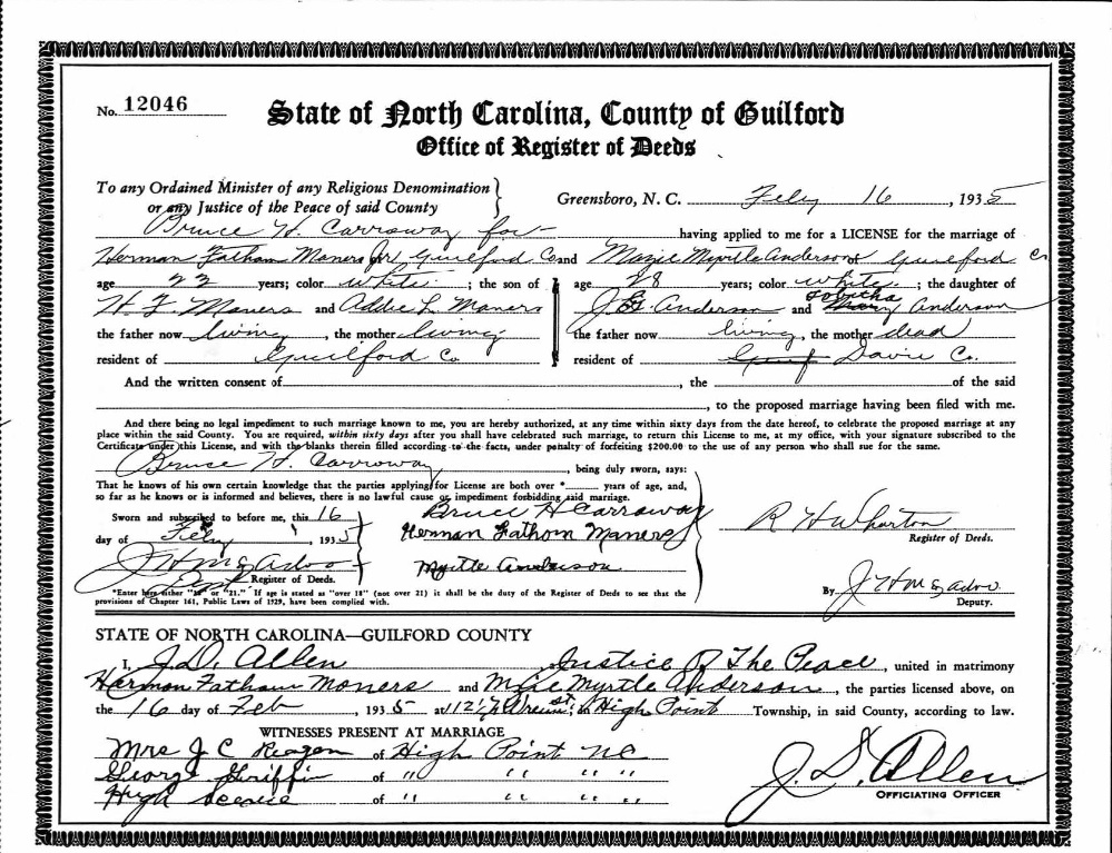 Herman F Maners Jr. Marriage record