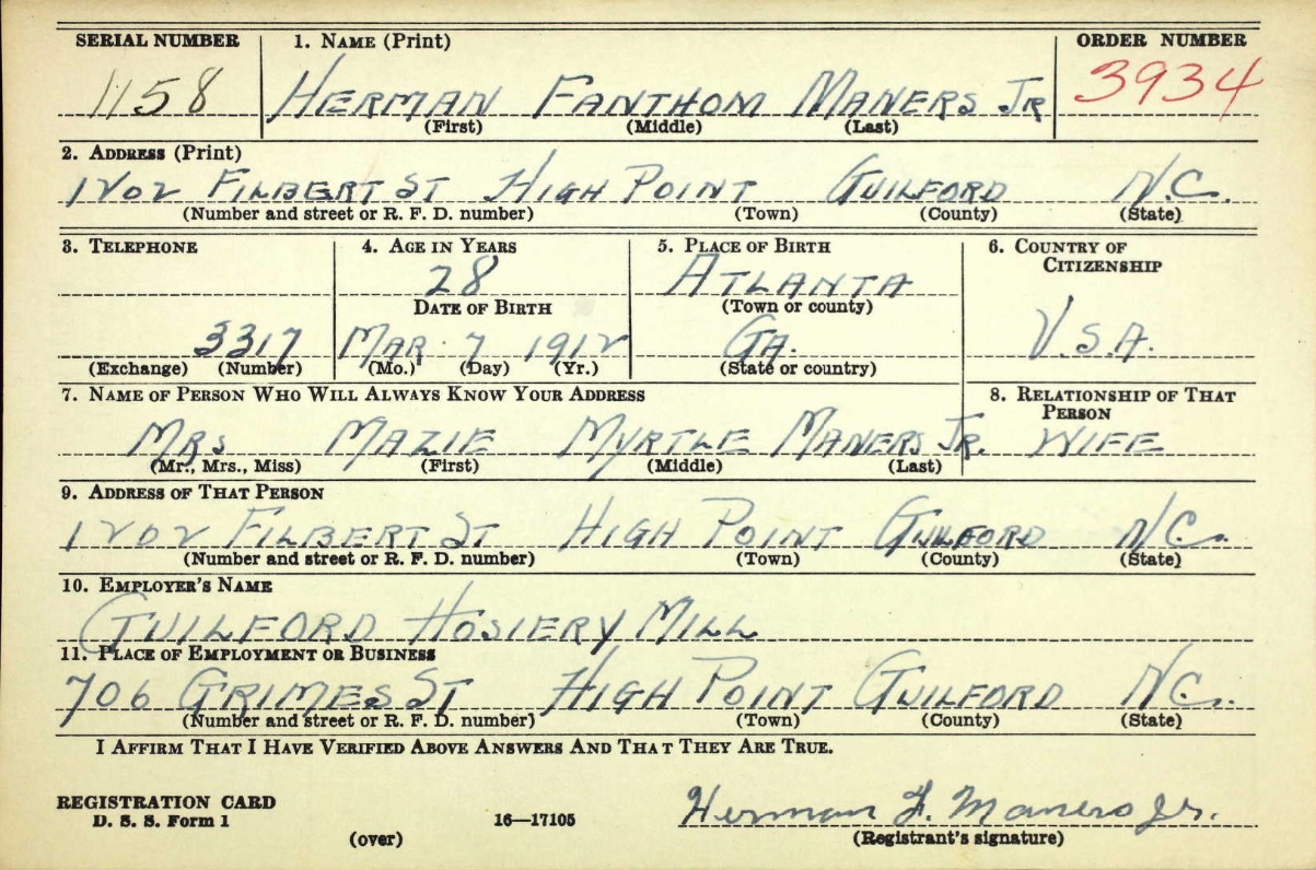 Herman F. Maners Jr. Draft Registration