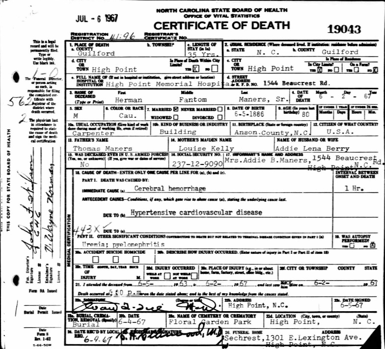 Herman F. Manors Death Cirtificate