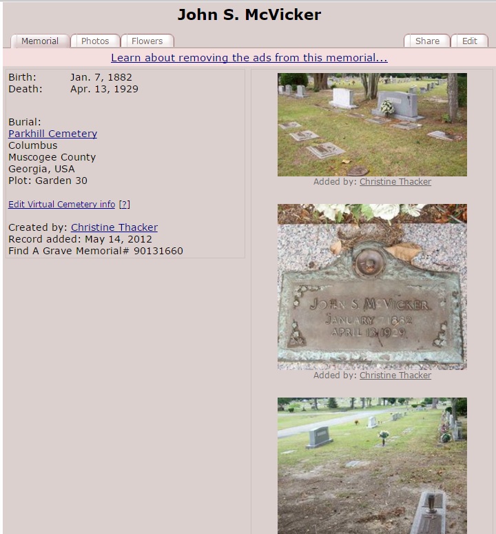 John S McVivker 1929 grave