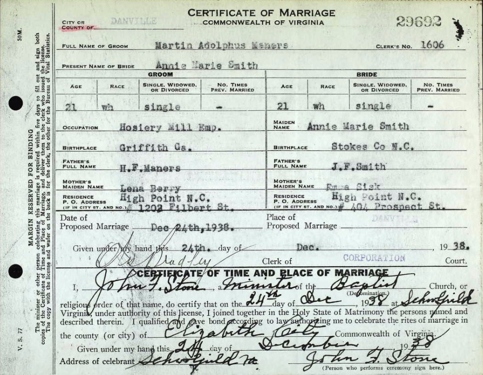 Martin Adolphus Maners Marriage Certificate