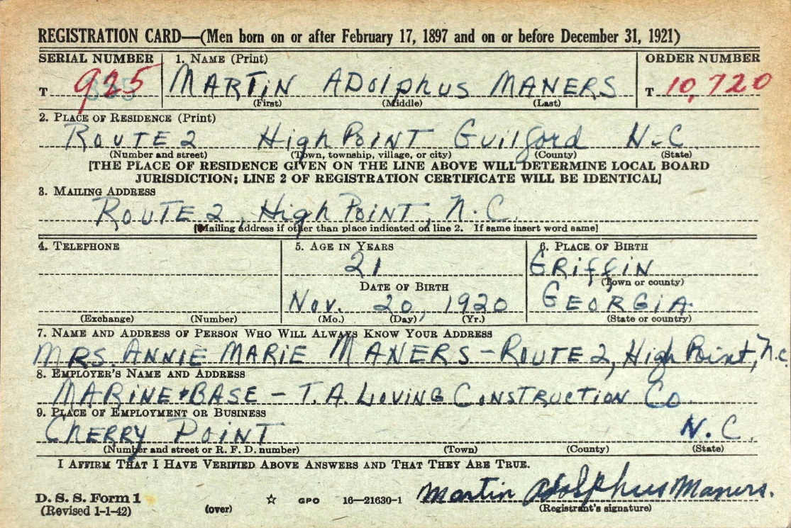 Martin Adolphus Maners WW 2 Draft Registration