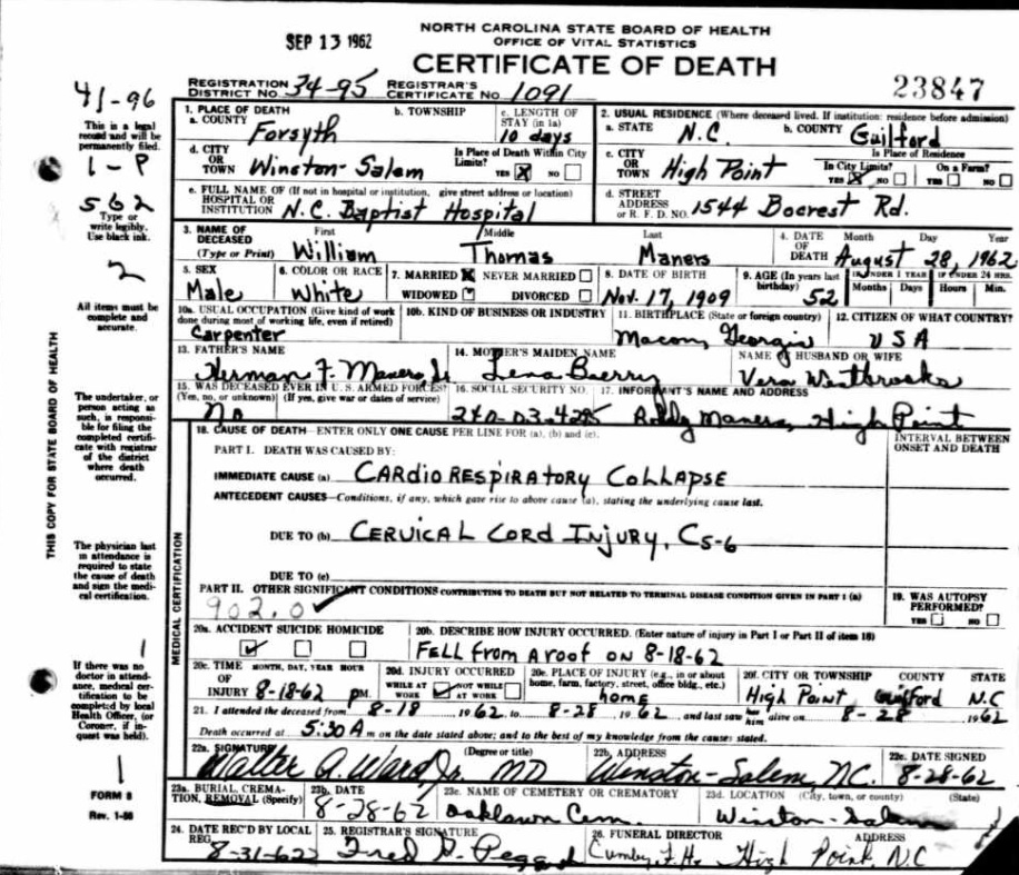 William Thomas Maners Death Certificate