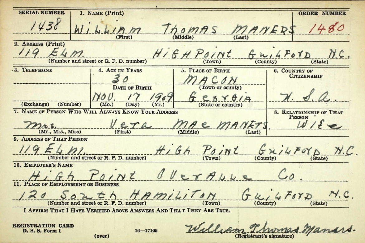 William Thomas Maners Draft registration WW1