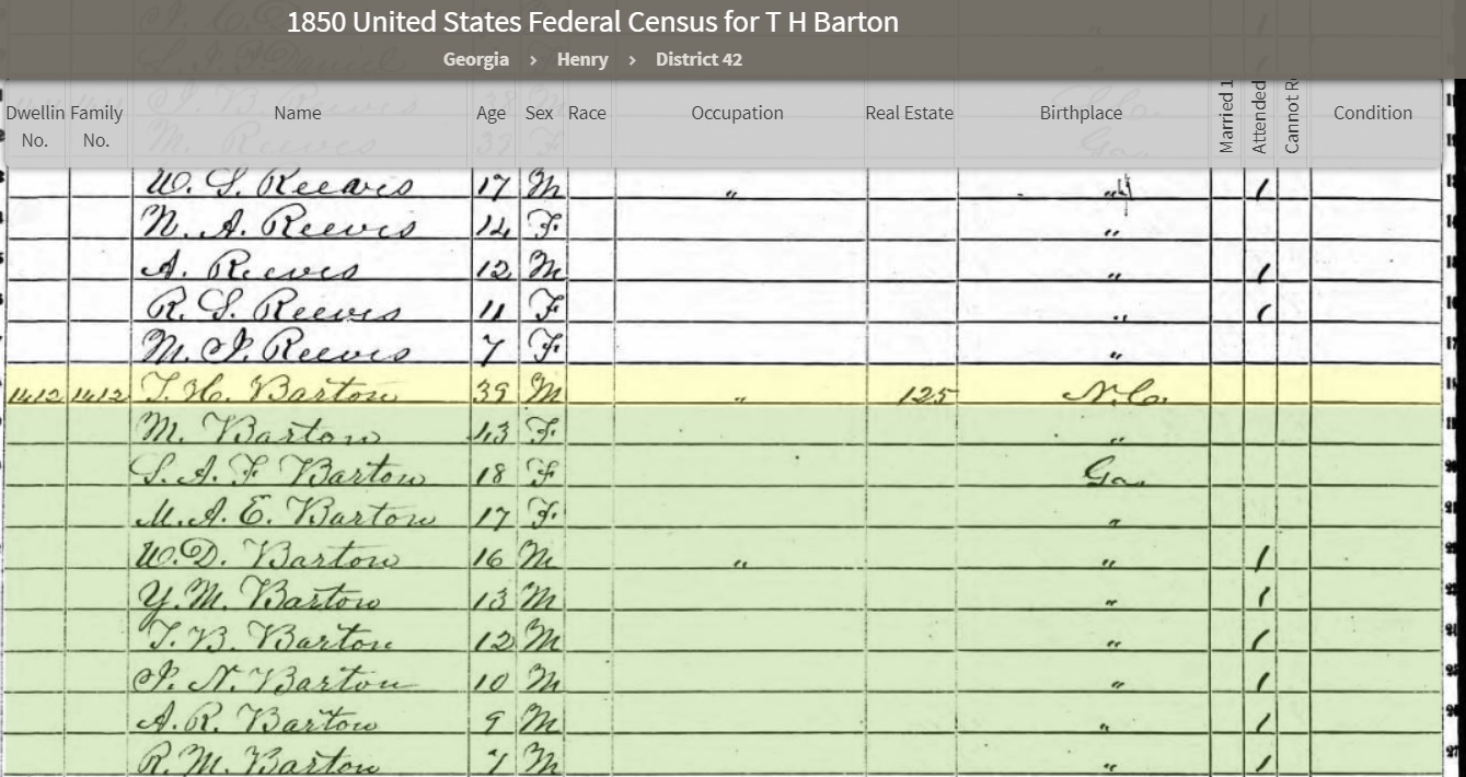 1850 Census T H Barton