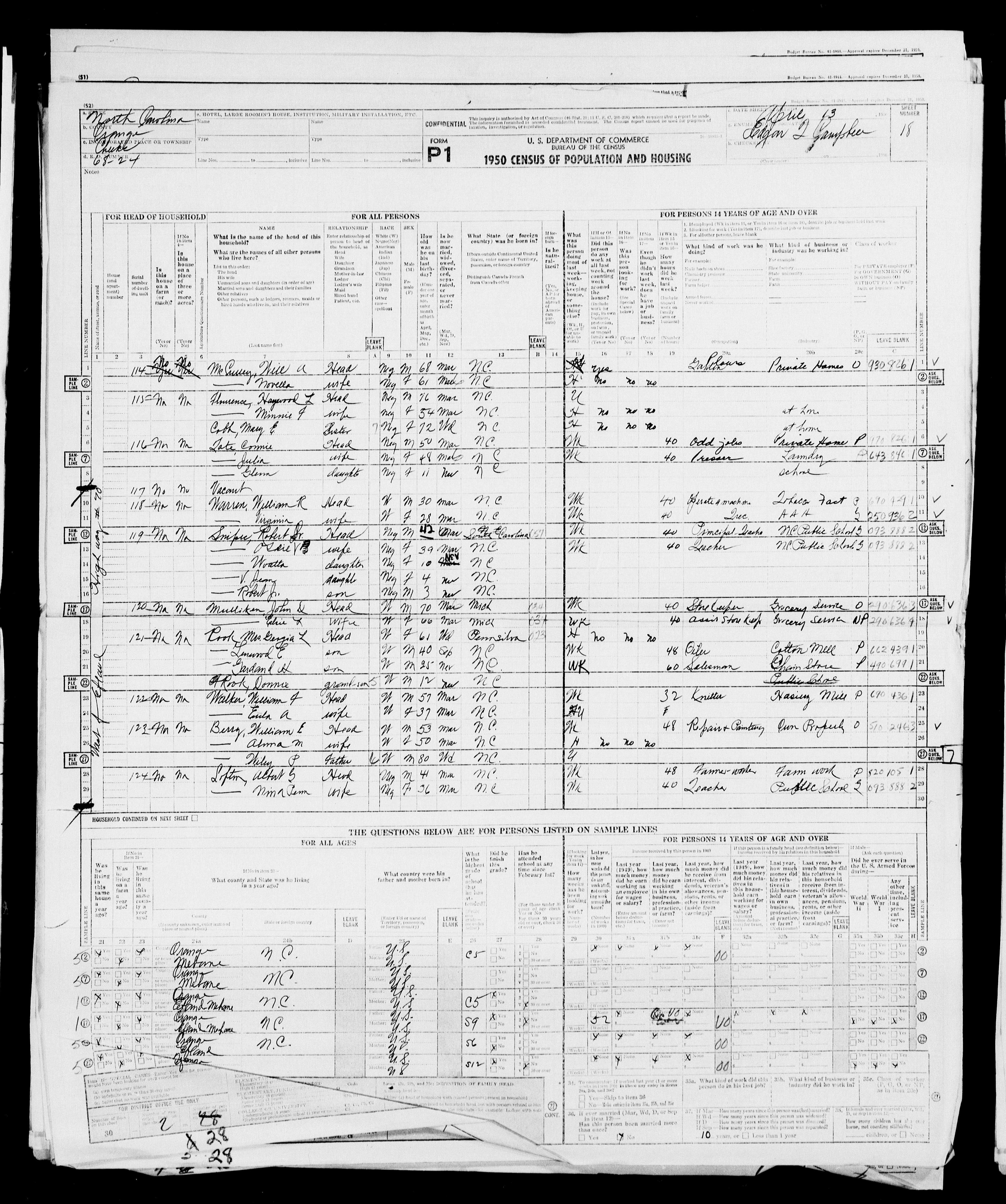 Wiley P. Berry, 1950 Cheeks Township, Orange County, North Carolina, Census