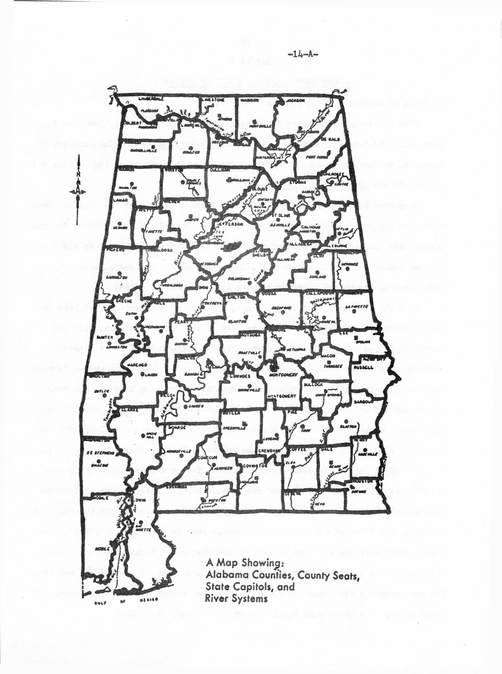 A map showing Alabama counties, county seats, state capitols, and river systems