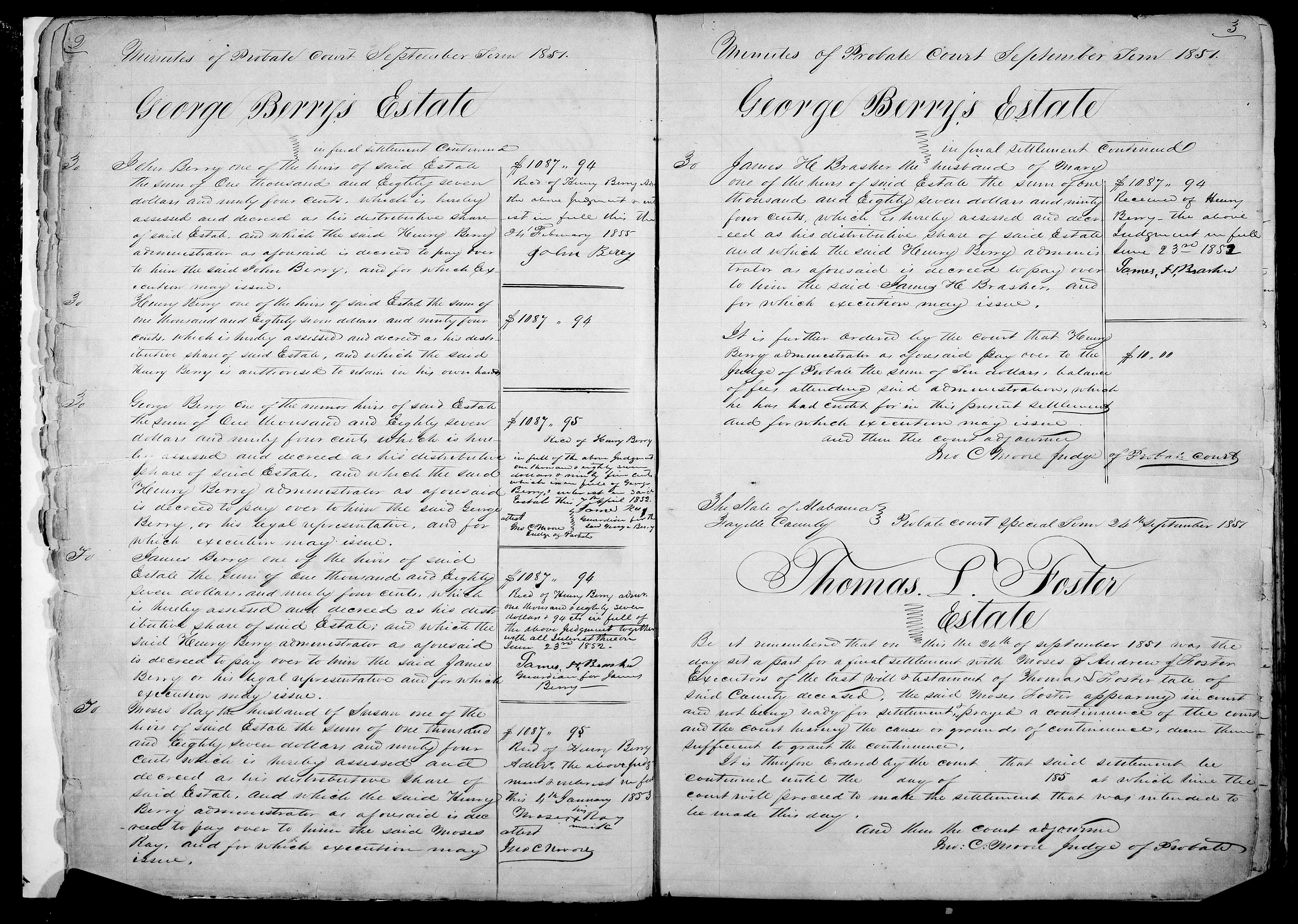 George Berry's Estate, final settlement, Fayette County Alabama Probate Court, September Term 1851