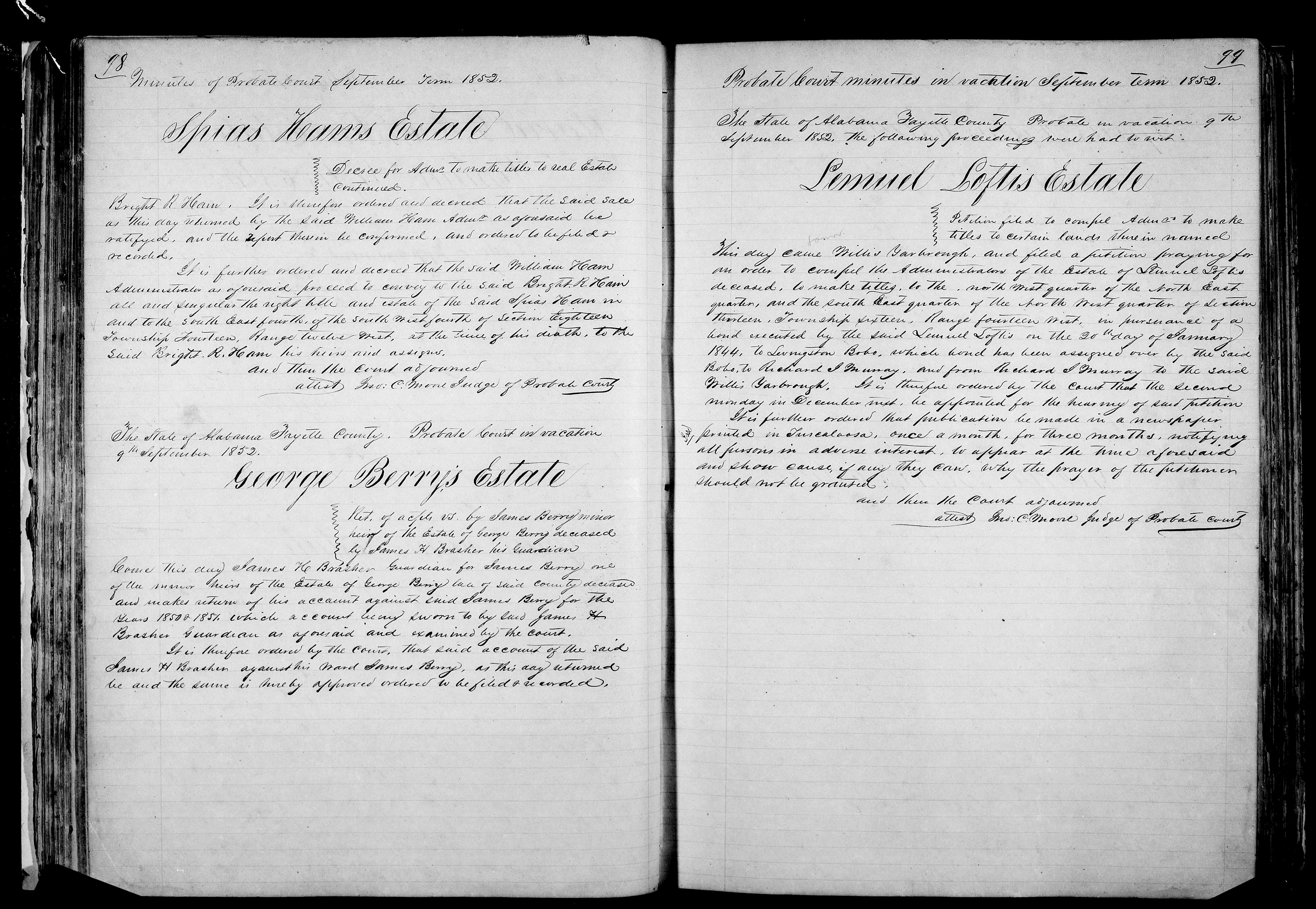 James H. Brasher's guardian account for James Berry, Fayette County Alabama Probate Court, 9 September 1852