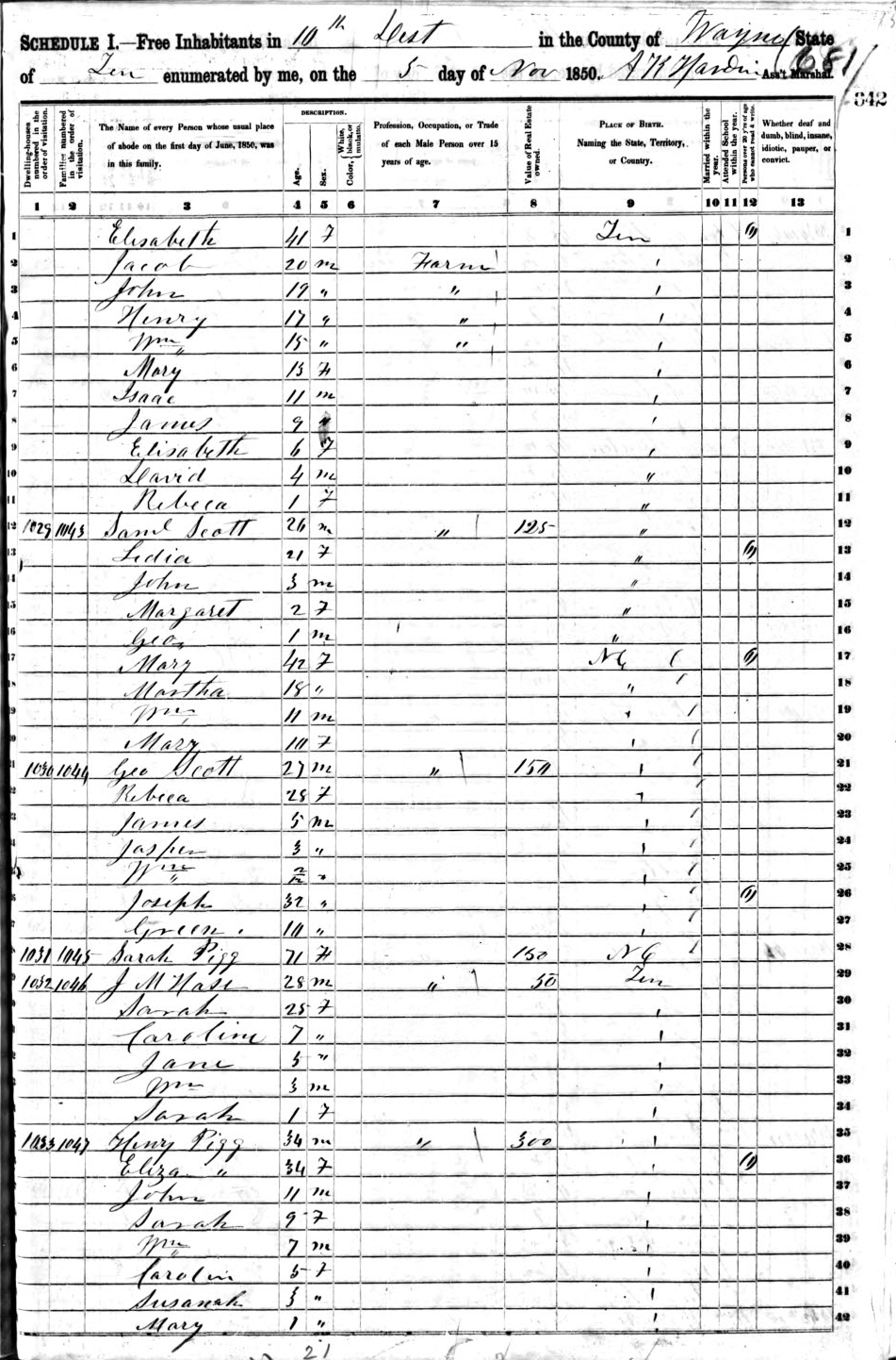 Sarah Pigg 1850 Census Wayne County Tennessee