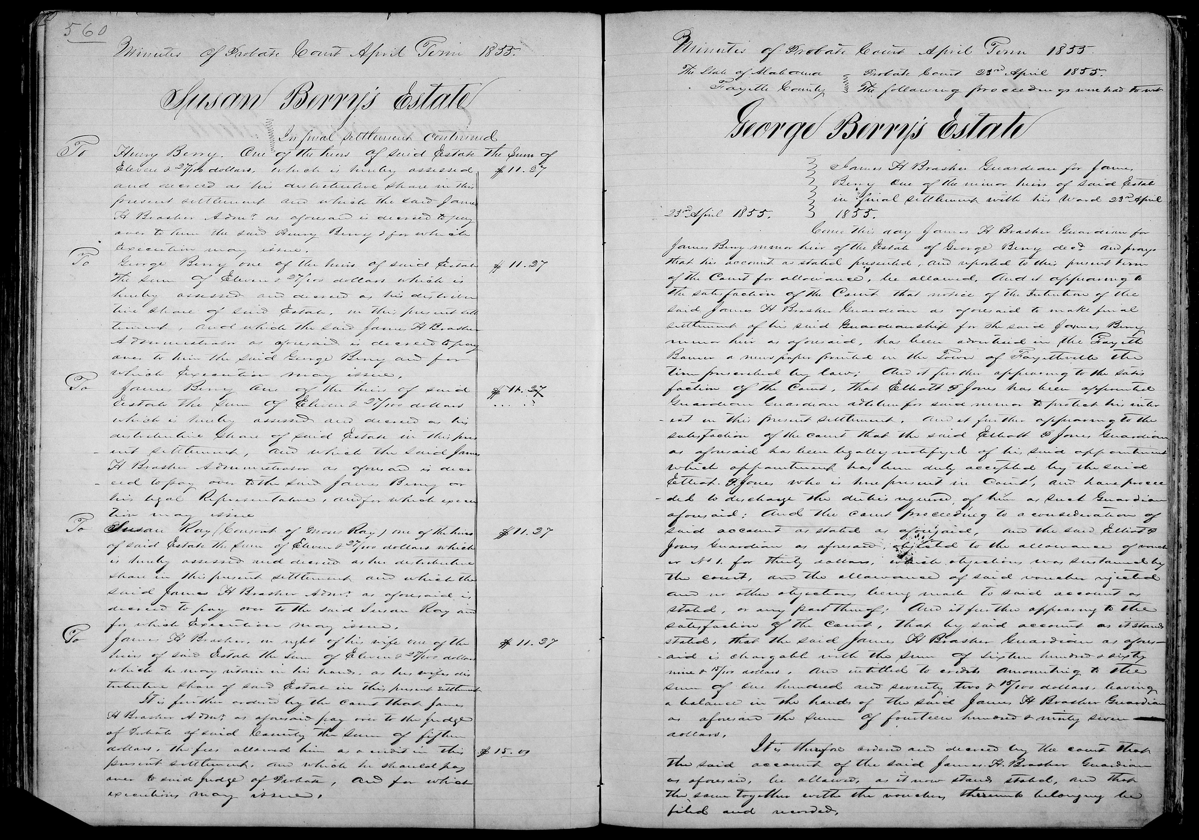 George Berry's Estate, final settlement of the guardianship of James Berry, Fayette County Alabama Probate Court, 23 April 1855